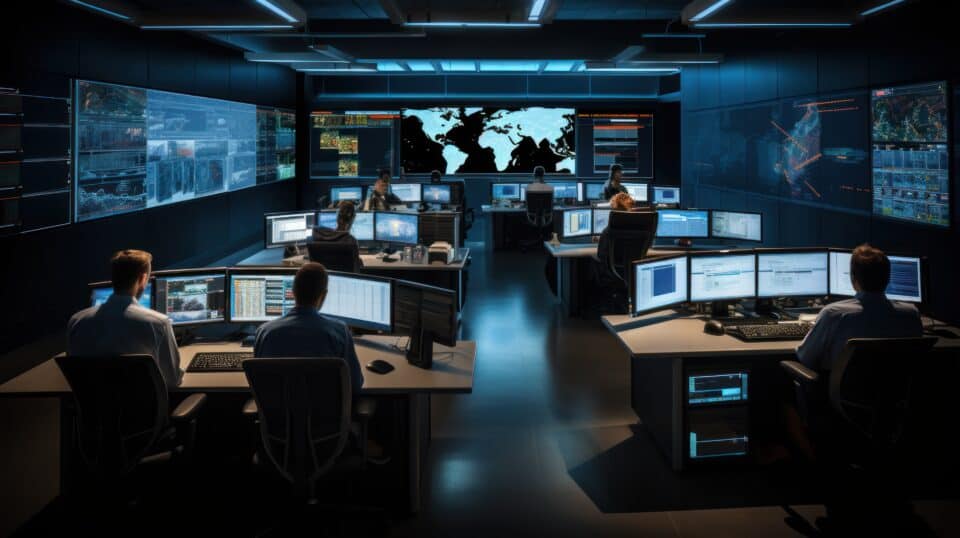 Network operations center ( NOC) with technicians monitoring network traffic, troubleshooting issues, and ensuring network performance