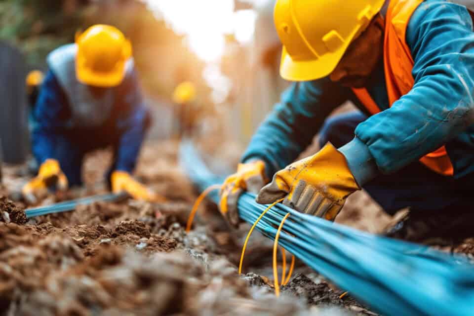 Telecommunication engineers in hard hats installing fiber optic cables underground, enhancing high-speed internet connectivity for urban areas.