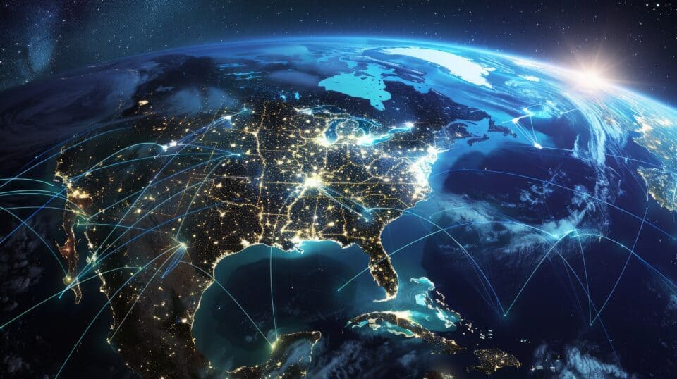 A Digital map of North America showing global network connections, data transfer and connectivity between the USA, Canada and Mexico depicted in space over the earth at night.